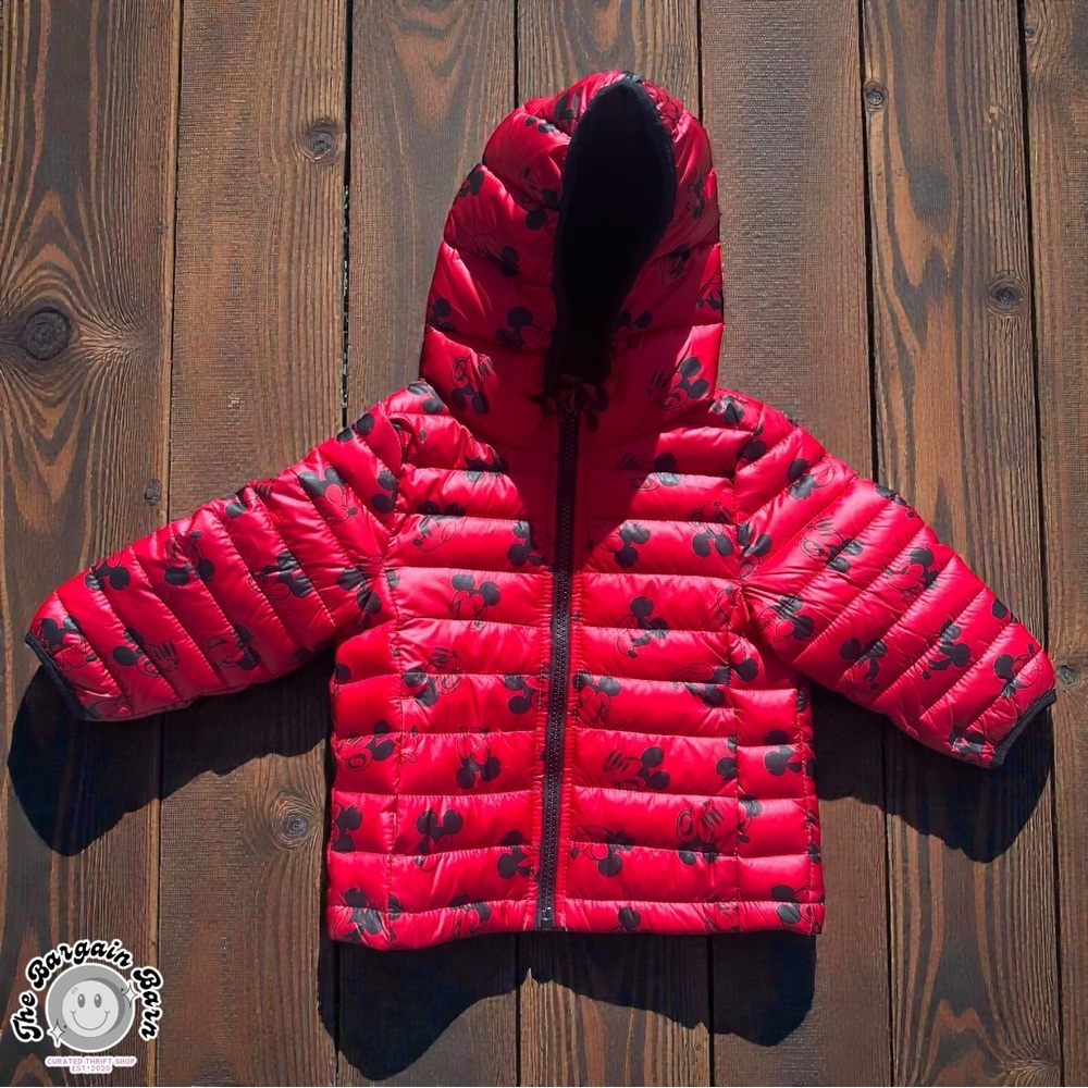 Disney Jumping Beans Mickey Mouse Boys Toddler Puffer Jacket Red Hooded Coat 18M